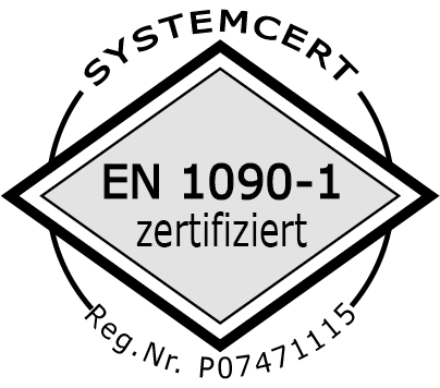 Siegel: SYSTEMCERT, EN 1090-1 zertifiziert, Reg.Nr. P07471115